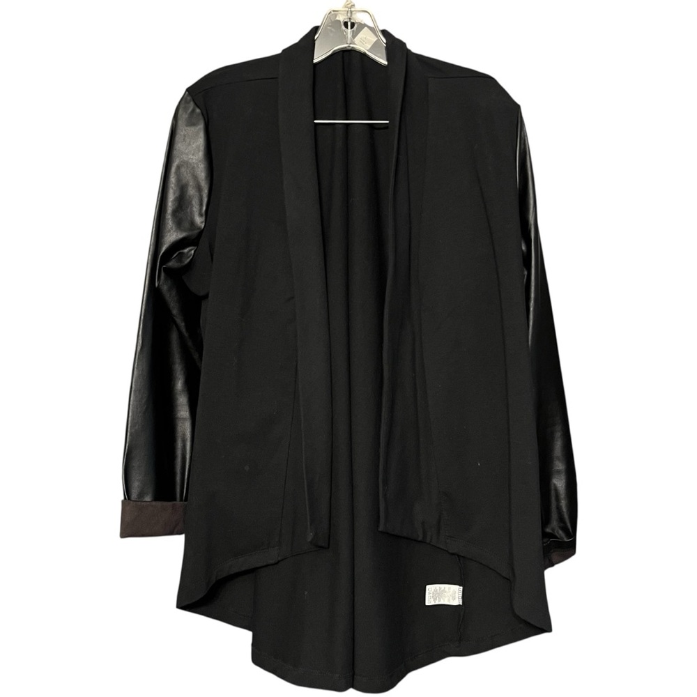 Women in Control size large black jacket open front with faux leather sleeves